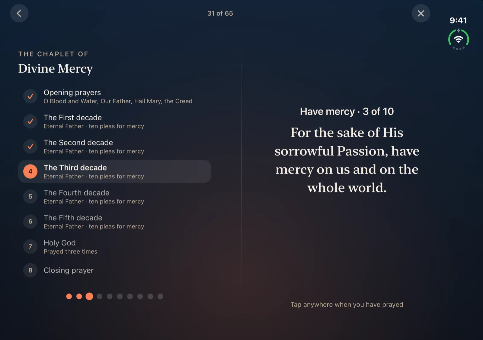 Ember on iPhone Duo open display showing the Divine Mercy Chaplet: an outline of the opening prayers, five decades, Holy God, and closing prayer on the left page with the third decade highlighted, and the prayer for mercy on the right page.