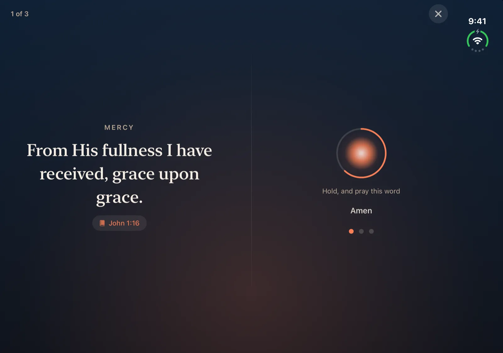 Ember on iPhone Duo open display showing the daily prayer: the line from John 1:16 on the left page, and the hold ring, Amen, and one bead per word on the right page.