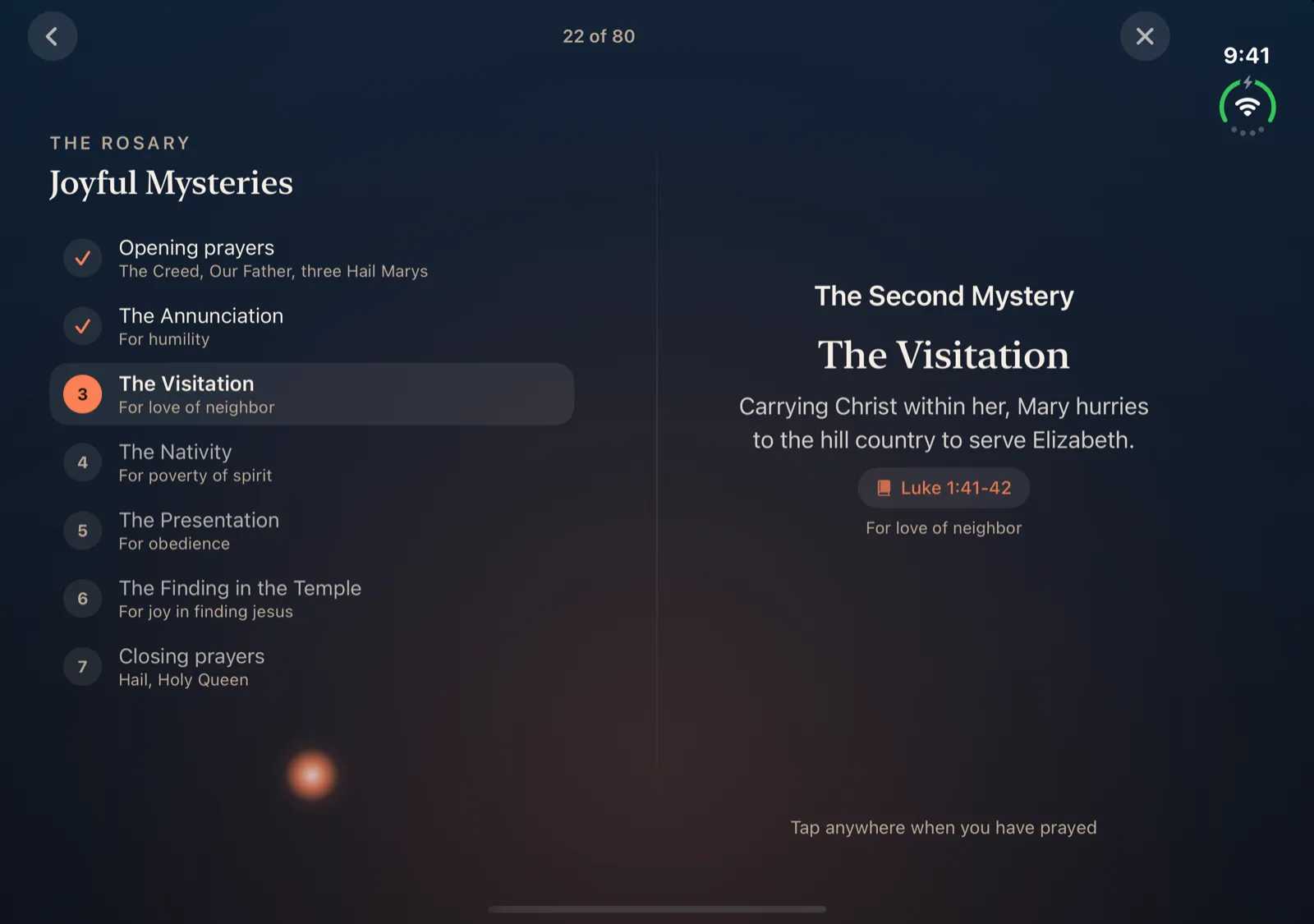 Ember on iPhone Duo open display showing the Rosary: an outline of the Joyful Mysteries with the prayed steps checked and the Visitation highlighted on the left page, and the Second Mystery on the right page.