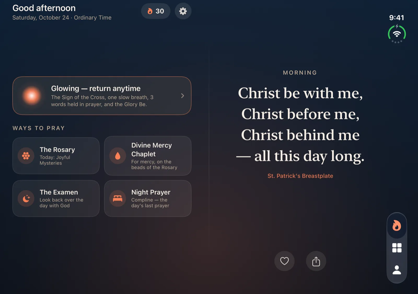 Ember on iPhone Duo open display showing Today as two pages: today's prayer and the Ways to Pray tiles on the left, the day's verse on the right.