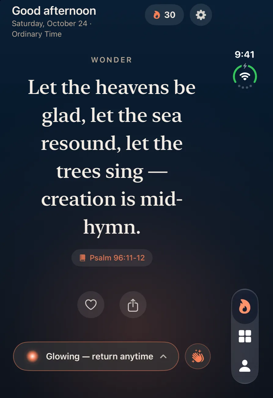 Ember on iPhone Duo closed outer display showing Today: a verse from Psalm 96 centered under the greeting, with the tab bar running down the right edge.
