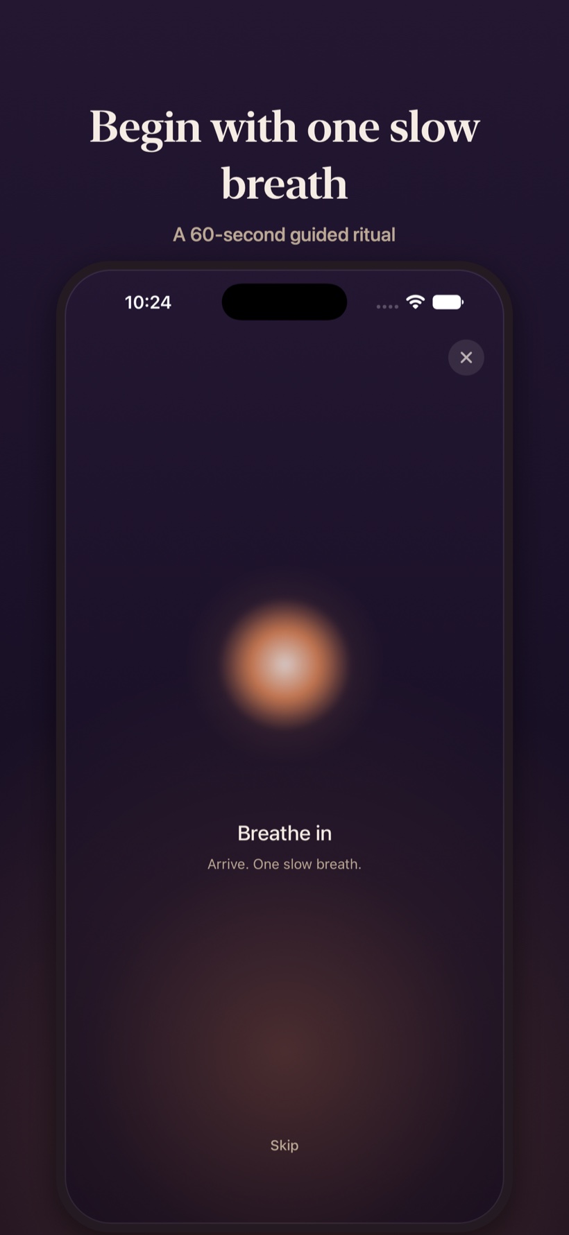 Ember's daily prayer opening with a slow breath — a warm ember glowing at the center of the screen.