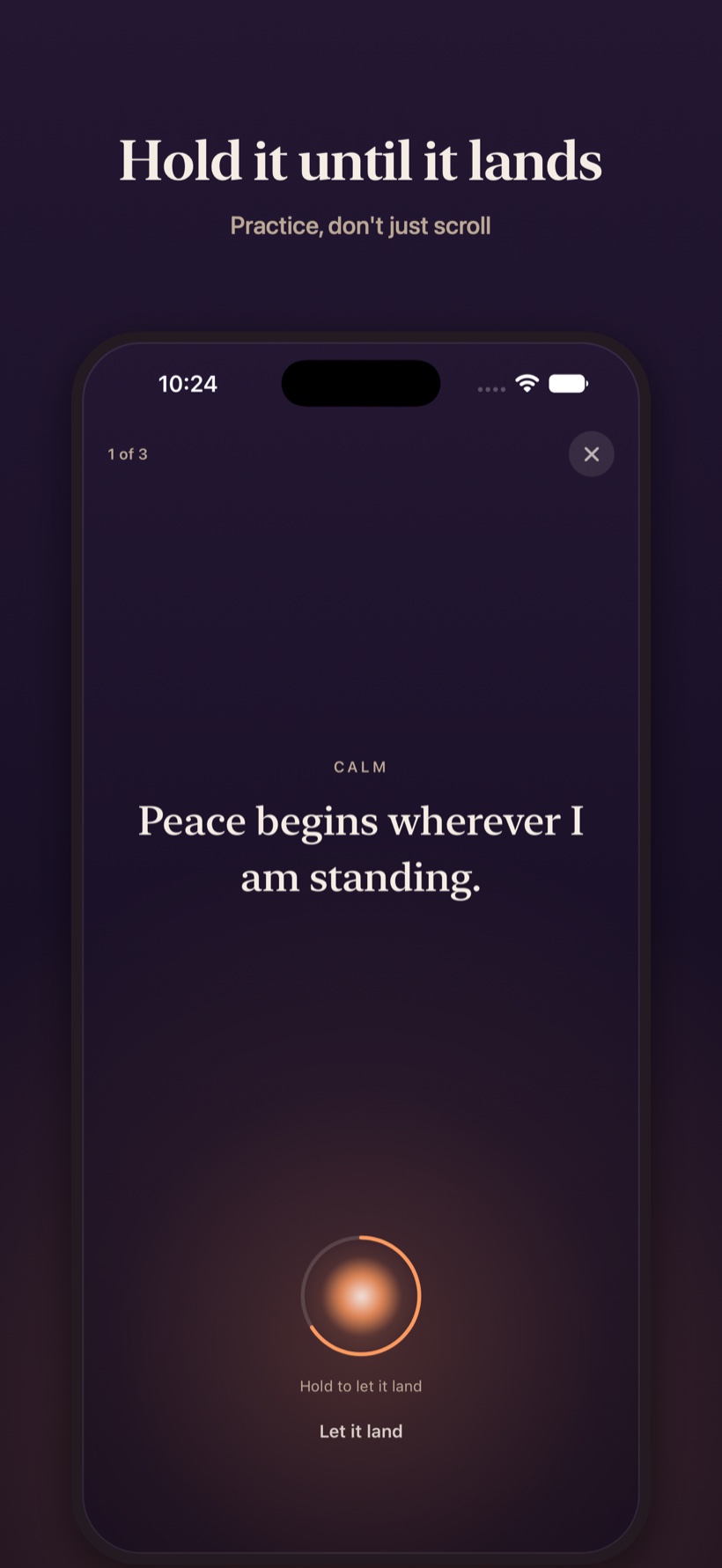 A line held in prayer as a warm ember ring gently fills — 'hold to let it land.'