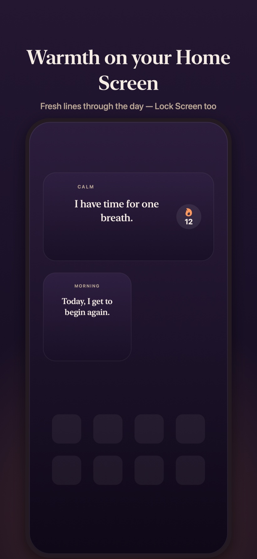 Home Screen widgets showing a prayer line and its citation, warm against the wallpaper.